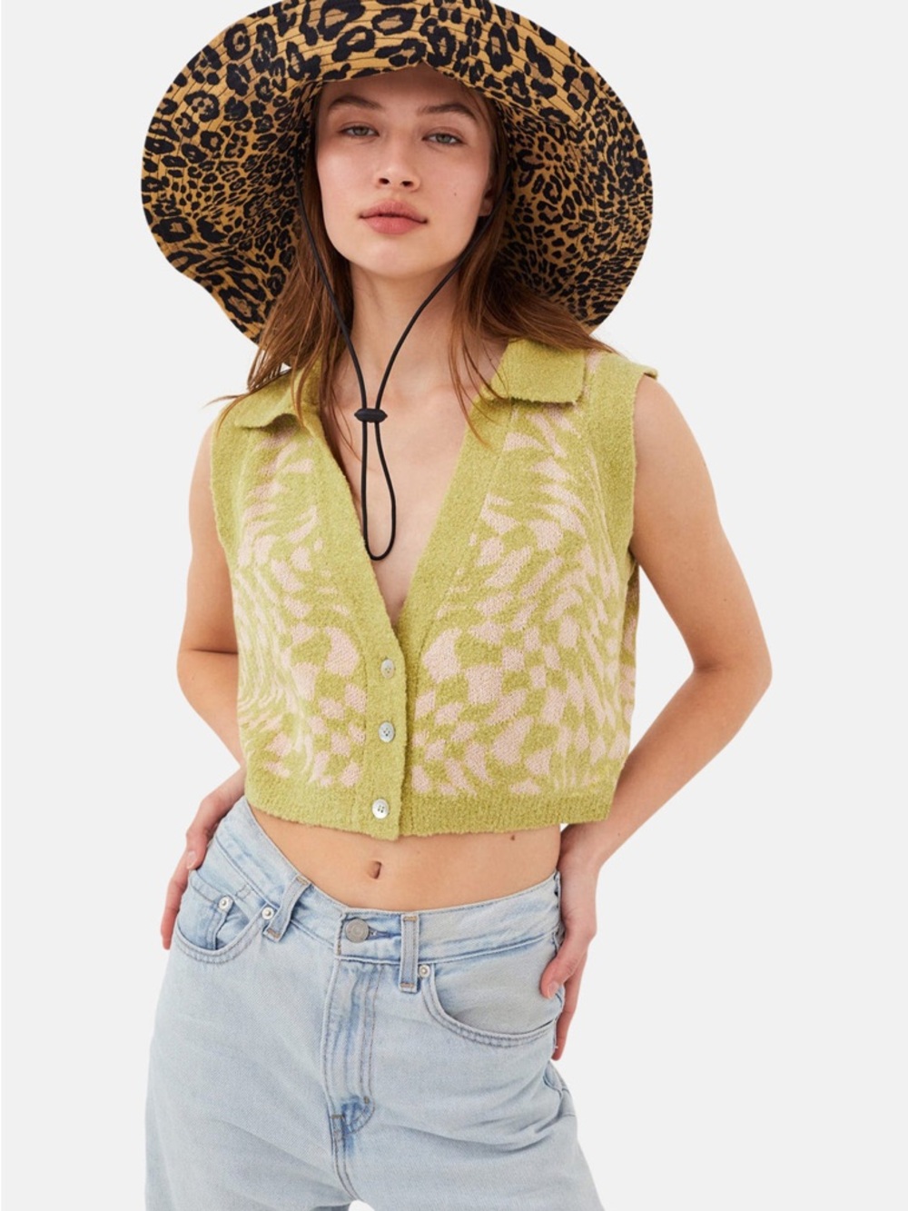 For Love & Lemons Simone Top – Bouclé Sleeveless Knit Green Beige Swirl Top - S